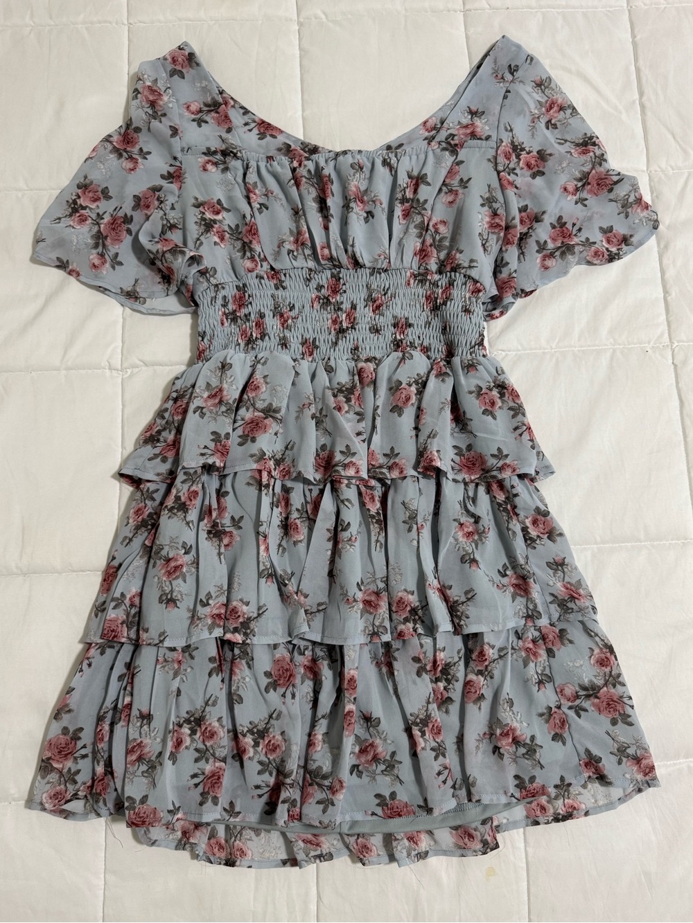 Light Blue Floral Mini Dress with Pink Roses